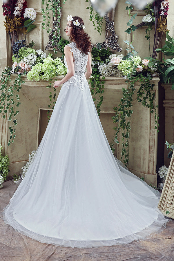 Long V-Neck A-line White Wedding Dress with Appliques