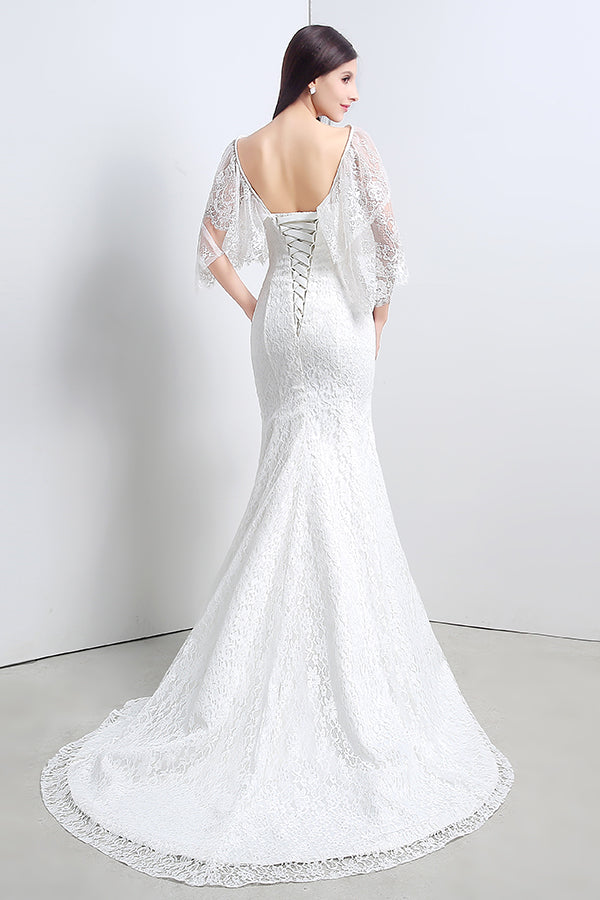 Detachable Long Mermaid Lace Ivory Wedding Dress