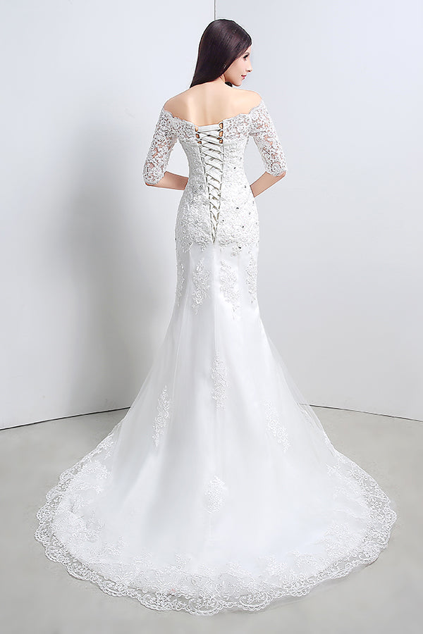 Princess Off Shoulder Mermaid White Wedding Dress with Lace