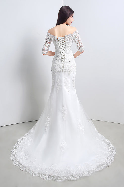 Princess Off Shoulder Mermaid White Wedding Dress with Lace