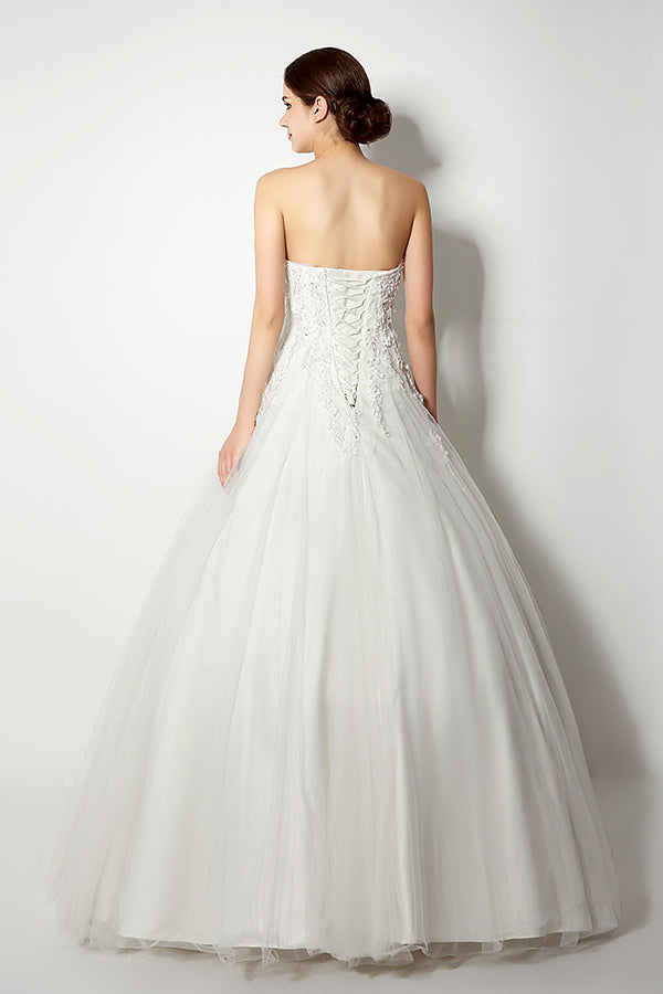 Long Lace-Up Back A-line Strapless Ivory Wedding Dress with Appliques