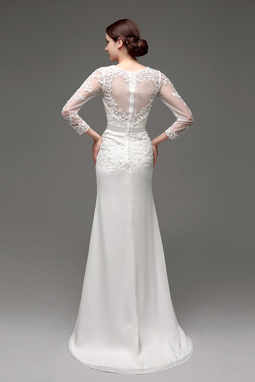 Long Sleeves V-Neck Mermaid White Wedding Dress with Appliques