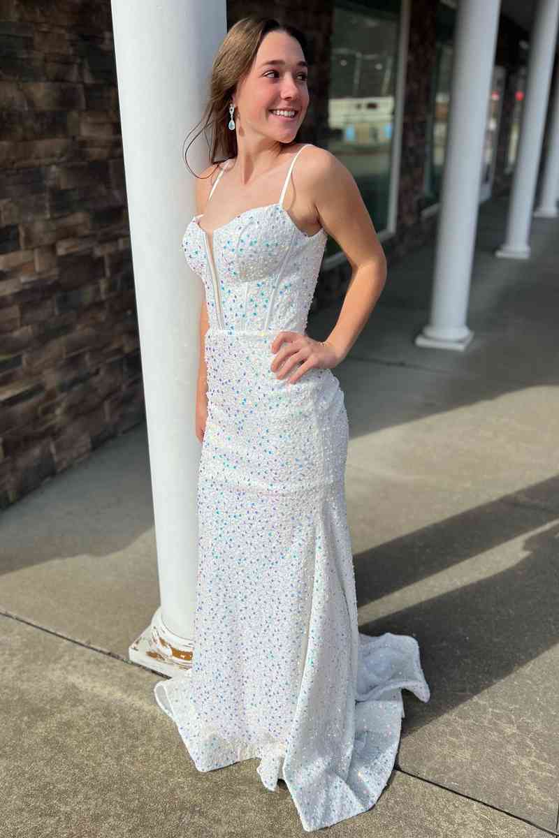 Strapless Plunging Neck Silver Sequin Rhinestone Mermaid Prom Dress main image 1