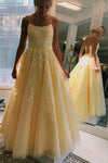Spaghtti Straps Lace Appliques Yellow Long Prom Dress with Lace-Up Back