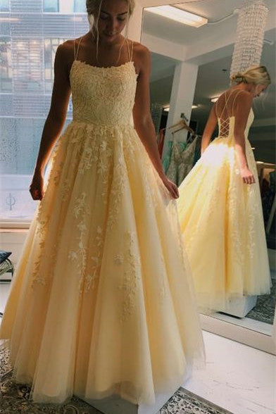 Spaghtti Straps Lace Appliques Yellow Long Prom Dress with Lace-Up Back