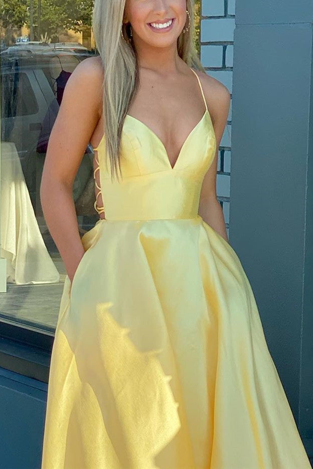 Straps Yellow Satin Long Prom Dress with Lace Up Back
