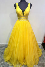 V-Neck Beaded Tulle Lavender Long Prom Dress