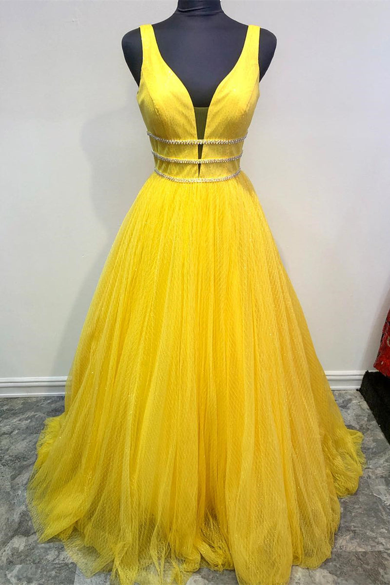 V-Neck Beaded Tulle Lavender Long Prom Dress